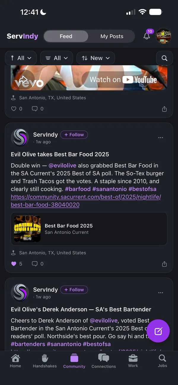 ServIndy app: community feed with a video post and local announcements