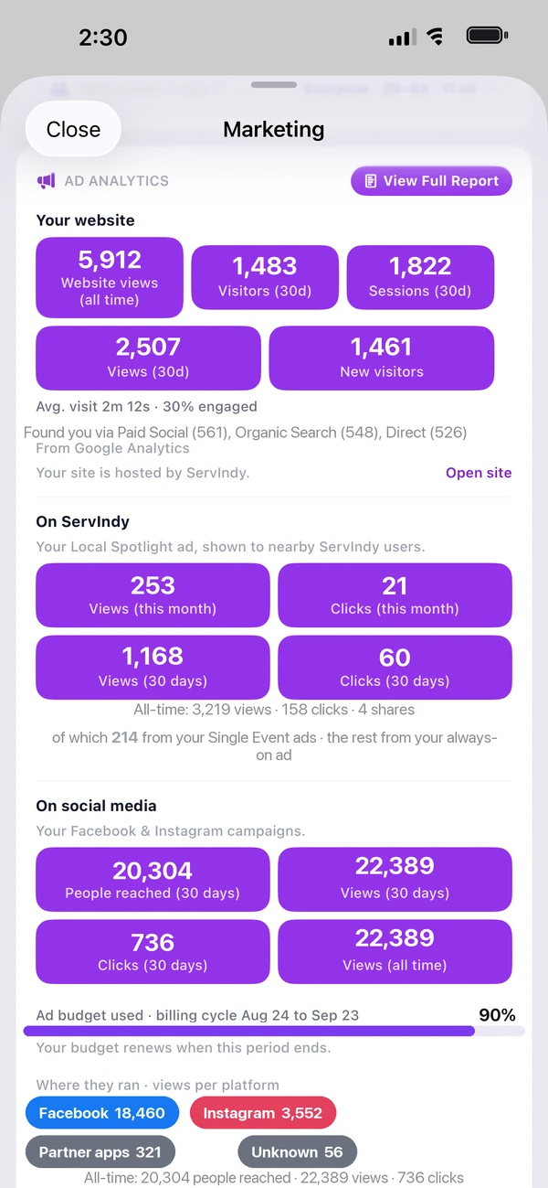 ServIndy app: the Marketing analytics screen with website traffic, Spotlight results, social campaign reach and budget bar (sample numbers)
