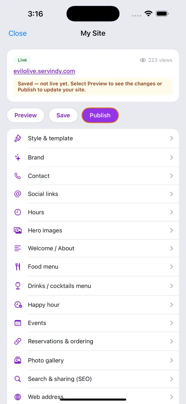 ServIndy app: My Site editor for the venue website, menus, and hours
