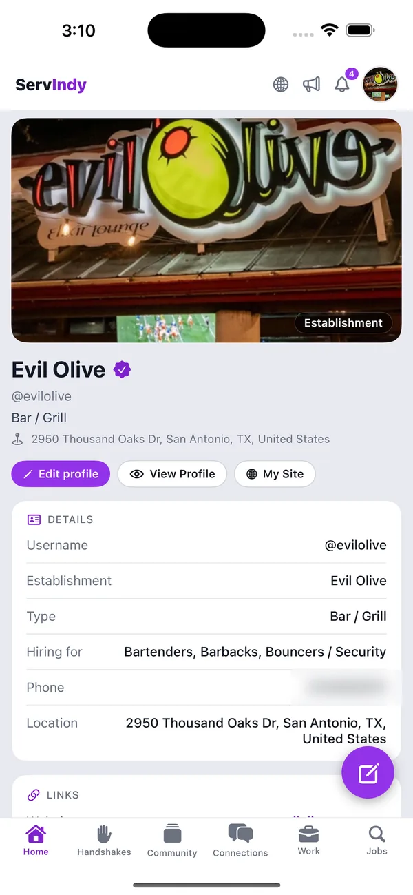 ServIndy app: establishment profile with hiring roles and venue details