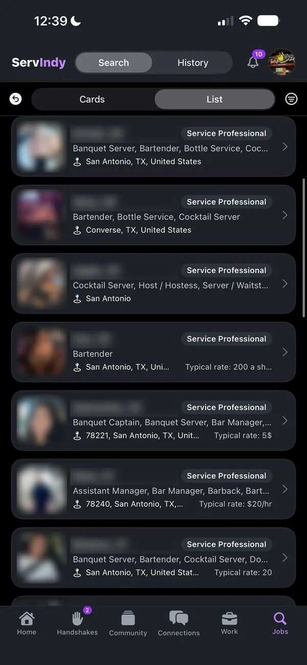 ServIndy app: talent search list of service professionals with roles and typical rates