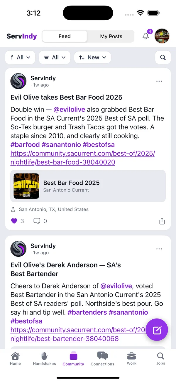 ServIndy app: the community feed with posts from local venues and pros