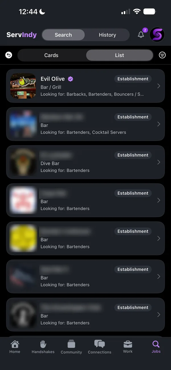 ServIndy app: list of venues actively hiring and the exact roles they need