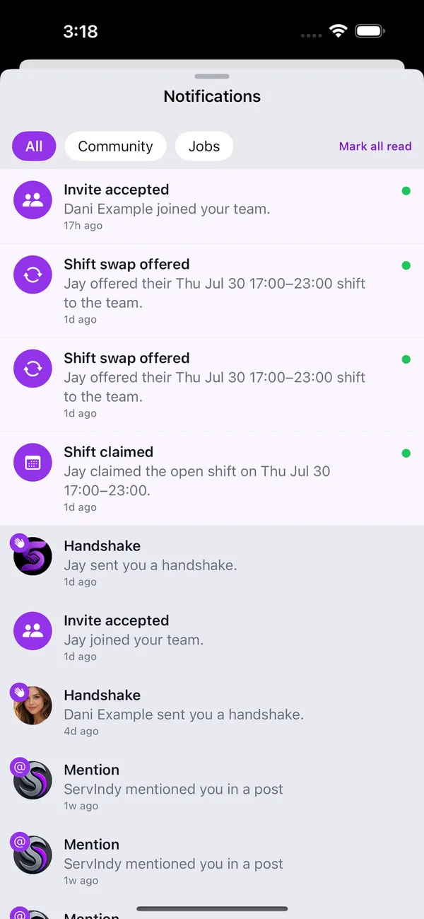 ServIndy app: notifications with likes, mentions, handshakes, and shift alerts