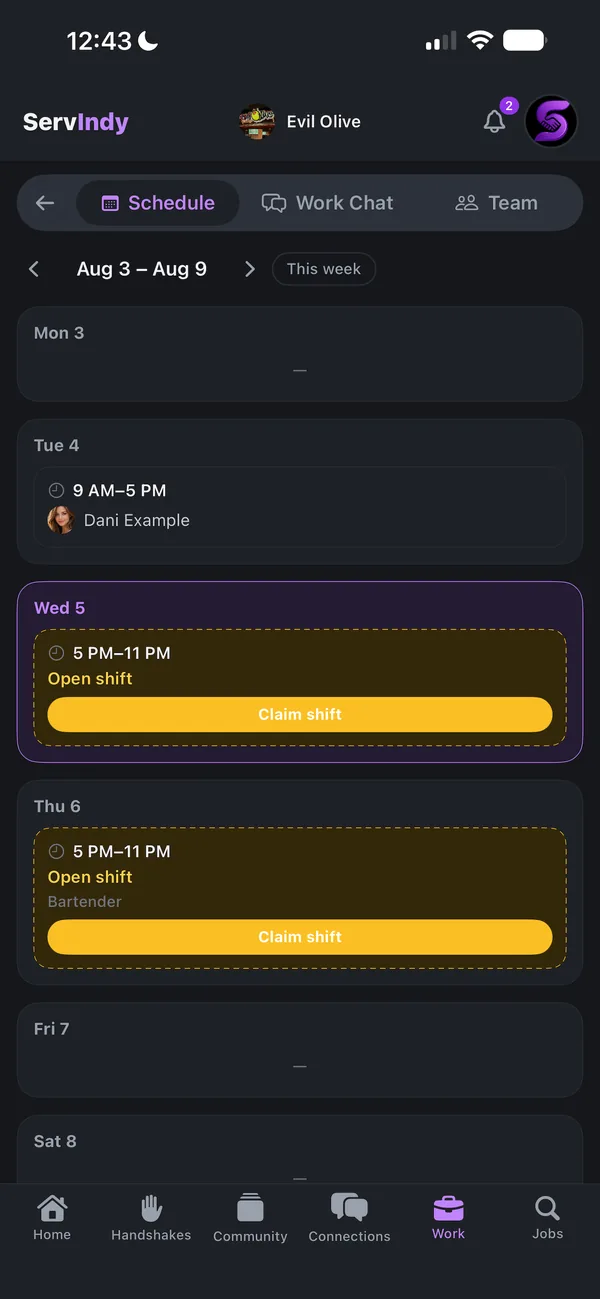 ServIndy app: weekly team schedule with an open shift ready to claim