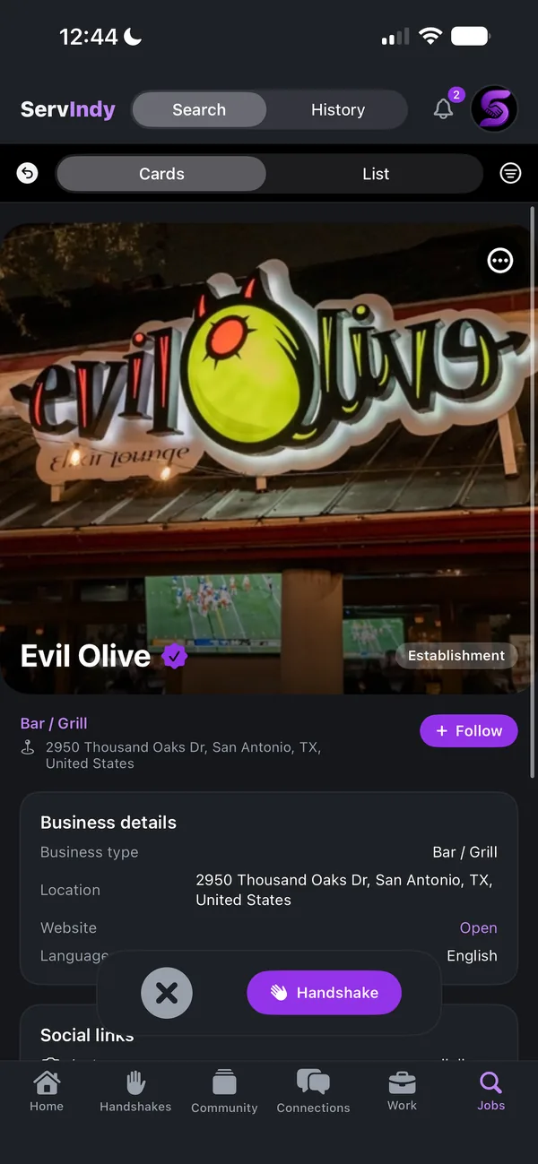 ServIndy app: swiping venue cards — a Handshake button opens chat with the manager